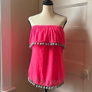 Sail to Sable Strapless Cotton Top with Pom Poms